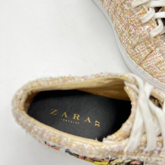 Zara Sequin Banana Patch textured TweedTan White Bronze Sneakers Size 37 - Picture 6 of 12